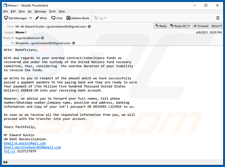 email com tema spam Beneficiary/Inheritance (2021-04-12)