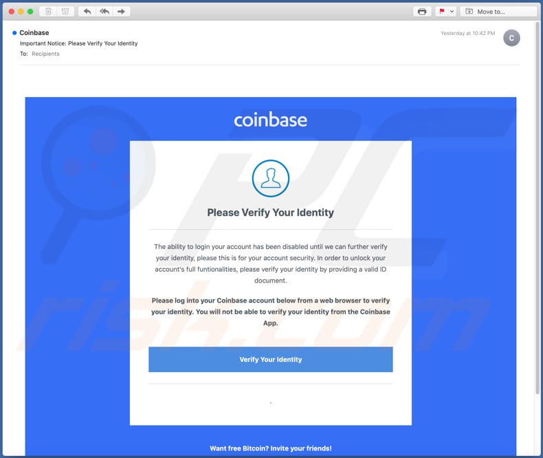 Campanha de spam por email fraudulento Coinbase