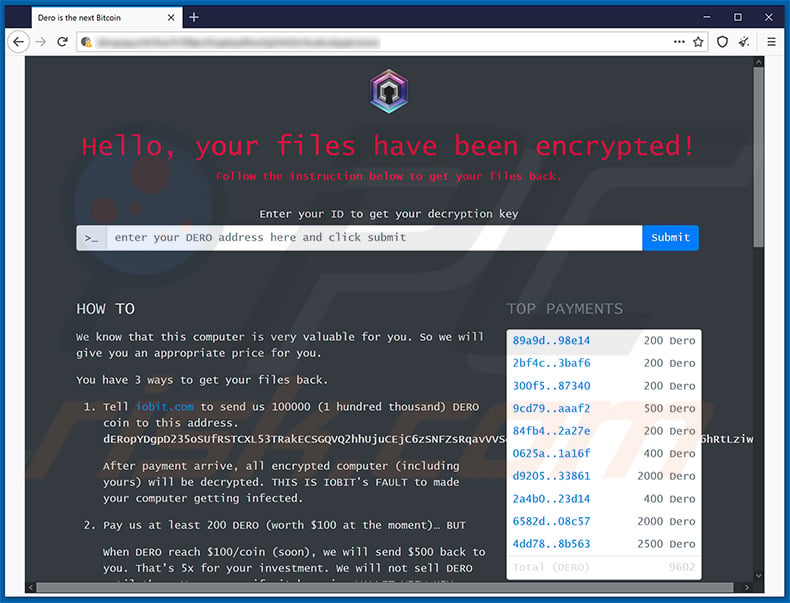 Site do ransomware DeroHE Tor