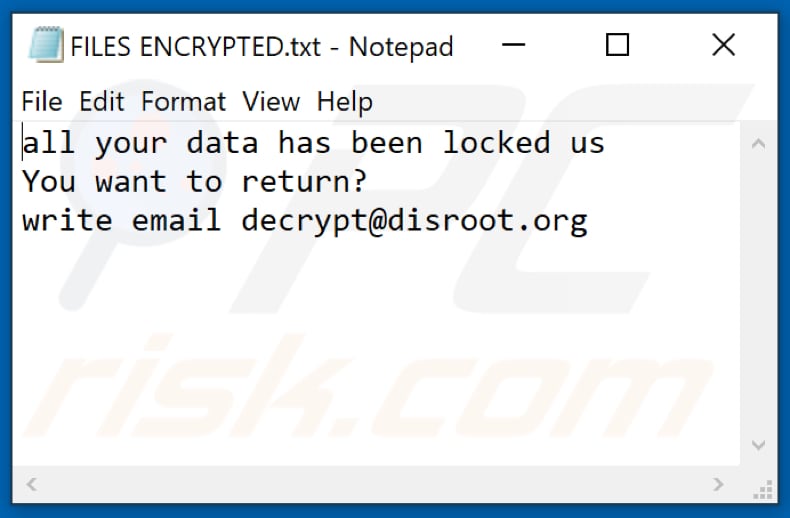 Ficheiro de texto do ransomware Dis (FILES ENCRYPTED.txt)