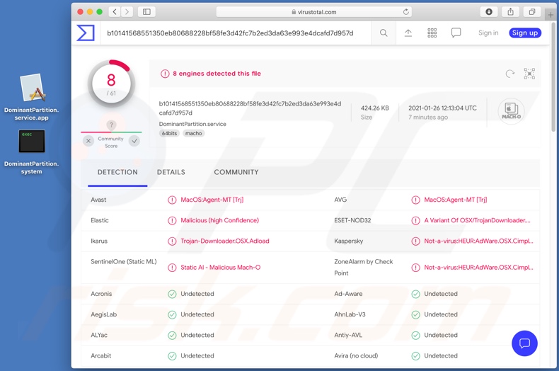  Detecções do adware DominioPartition no VirusTotal