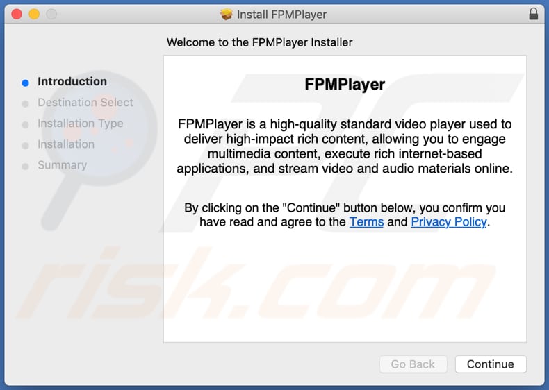 Instalador da aplicação fraudulenta a promover o adware FPMPlayer