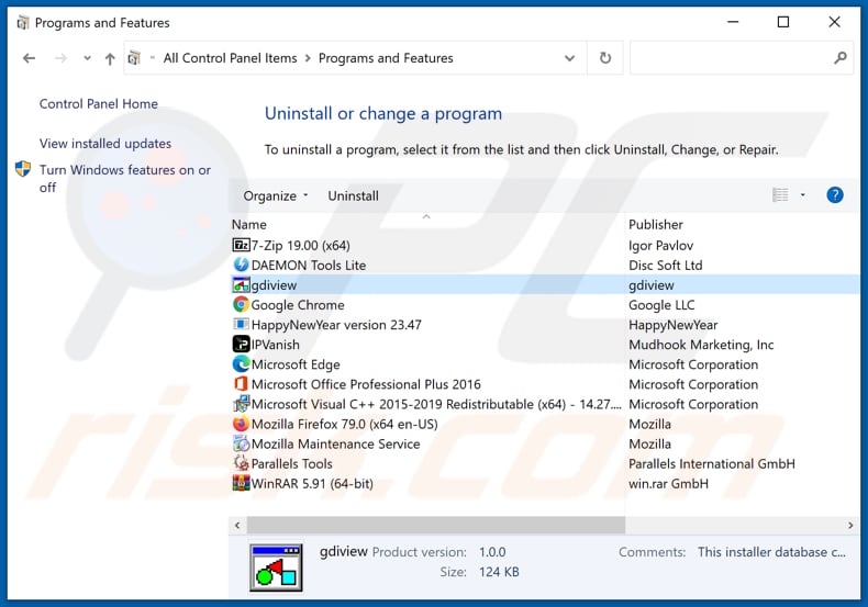 Desinstalação do adware Gdiview através do painel de controlo