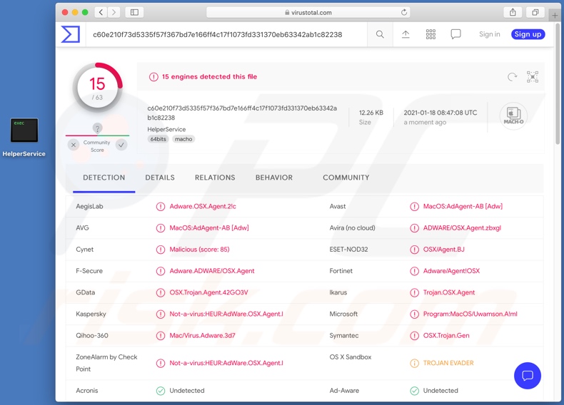 Detecções do adware HelperService no VirusTotal