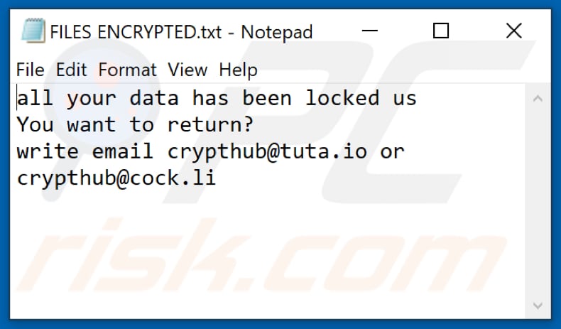 Ficheiro de texto do ransomware Hub (FILES ENCRYPTED.txt)