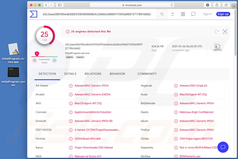 Detecções de adware InitialProgram no VirusTotal