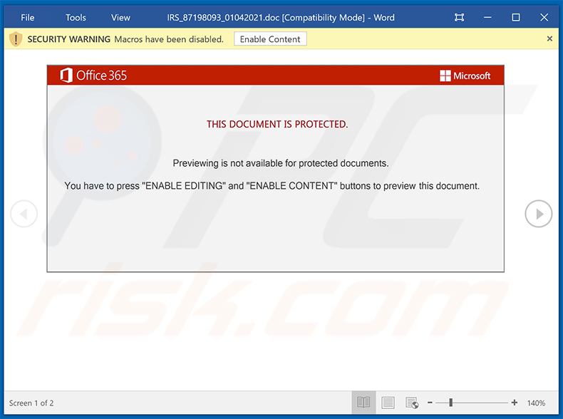 Documento malicioso MS Word utilizado para distribuir o malware Emotet (distribuído através de mensagens de email spam com o tema IRS)