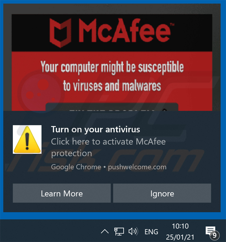 fraude da notificação do navegador promoting McAfee subscription