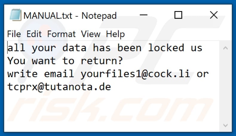 Ficheiro de texto do ransomware NOV (MANUAL.txt)