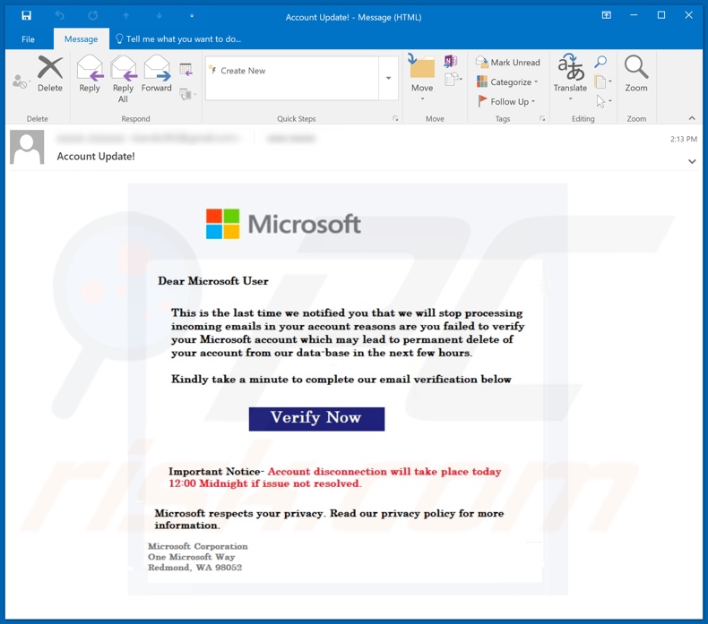 campanha de spam Verify Microsoft Account email