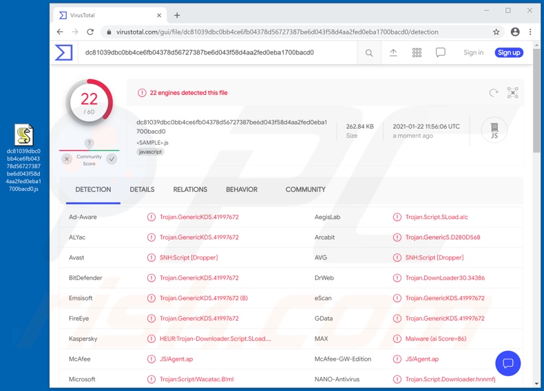 Detecções do malware ViperSoftX no VirusTotal