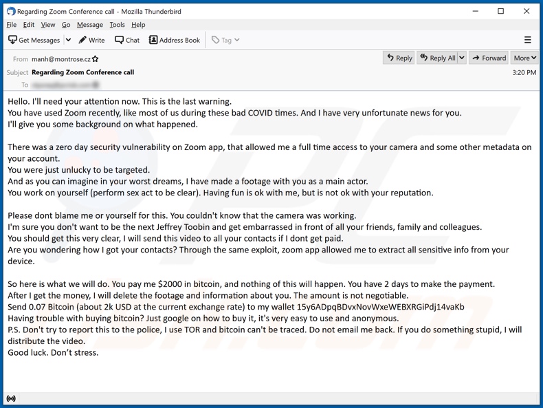 campanha de spam de e-mail Zero day security vulnerability on Zoom app