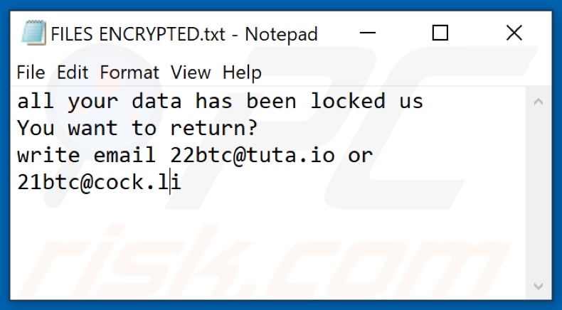 Nota de texto do ransomware 22btc (FILES ENCRYPTED.txt)