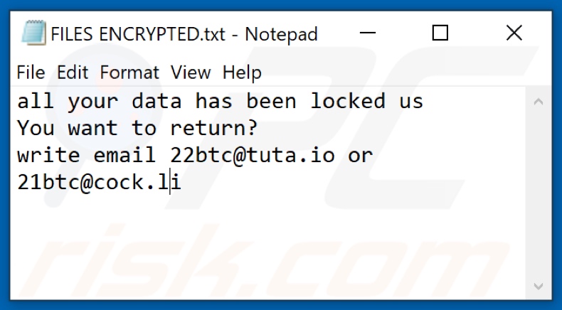 Nota de texto do ransomware 22btc (FILES ENCRYPTED.txt)