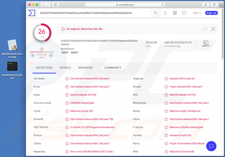 Detecções de adware ApolloSearch no VirusTotal