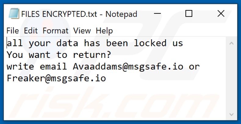 Ficheiro de texto do ransomware Avaad (FILES ENCRYPTED.txt)