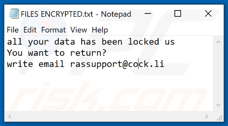 Ficheiro de texto Bk ransomware (FILES ENCRYPTED.txt)