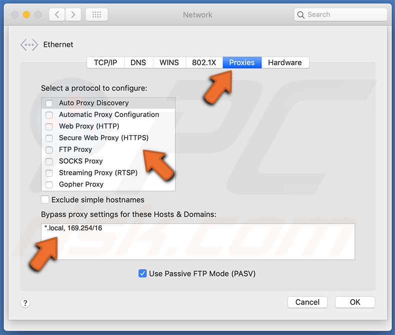 Alterando as configurações de proxy - desmarque todas as opções e defina as suas configurações para o padrão