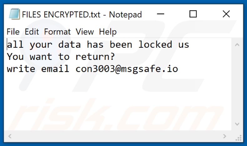 Ficheiro de texto do ransomware Con30 (FILES ENCRYPTED.txt)