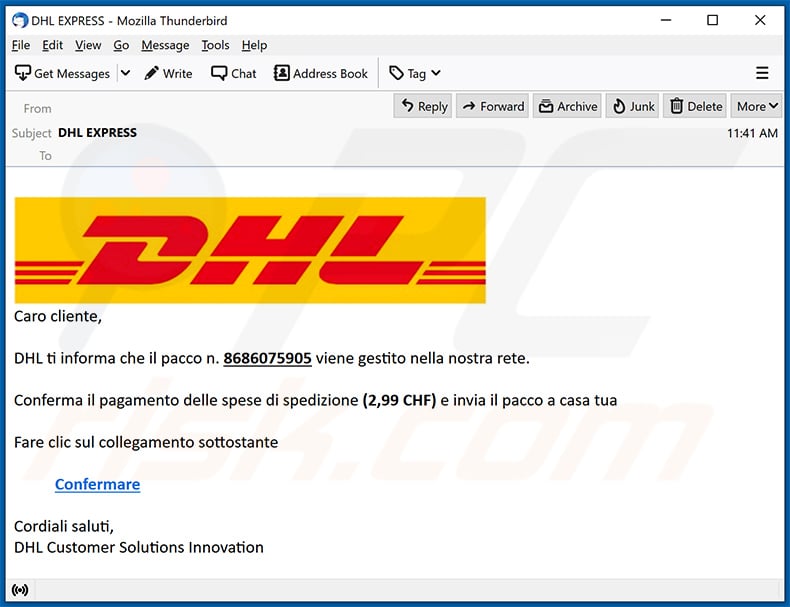 Variante italiana do email não solicitado DHL Express