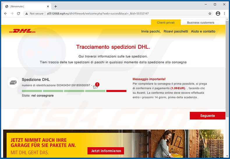 Falso site da DHL promovido através da variante italiana do email não solicitado DHL Express