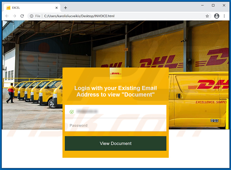 Ficheiro HTML imitando o site de login da DHL utilizado para fins de phishing