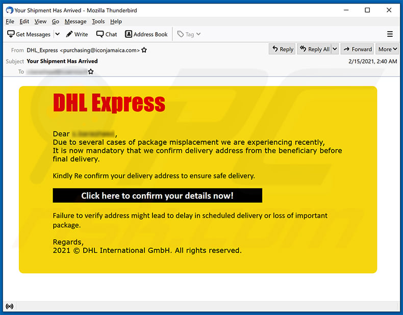 DHL Express e-mail de spam promovendo um site de phishing (2021-02-18)