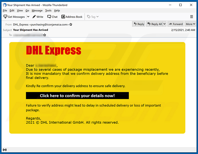 DHL Express e-mail de spam promovendo um site de phishing (2021-02-18)