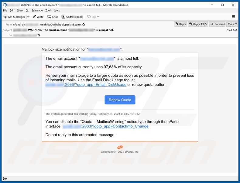 campanha de spam por e-mail Email Account Is Almost Full