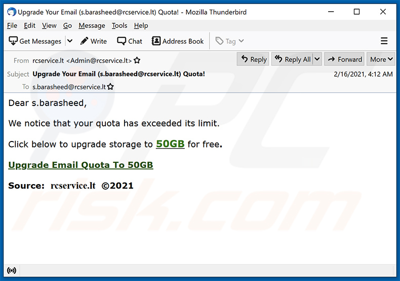 E-mail de spam com tema Mail Quota (2021-02-18)