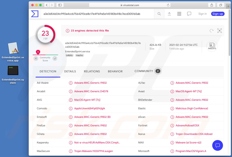 Detecções de adware ExtendedSprint no VirusTotal