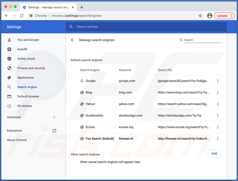 Sequestrador de navegador Fire Search instalado no Chrome