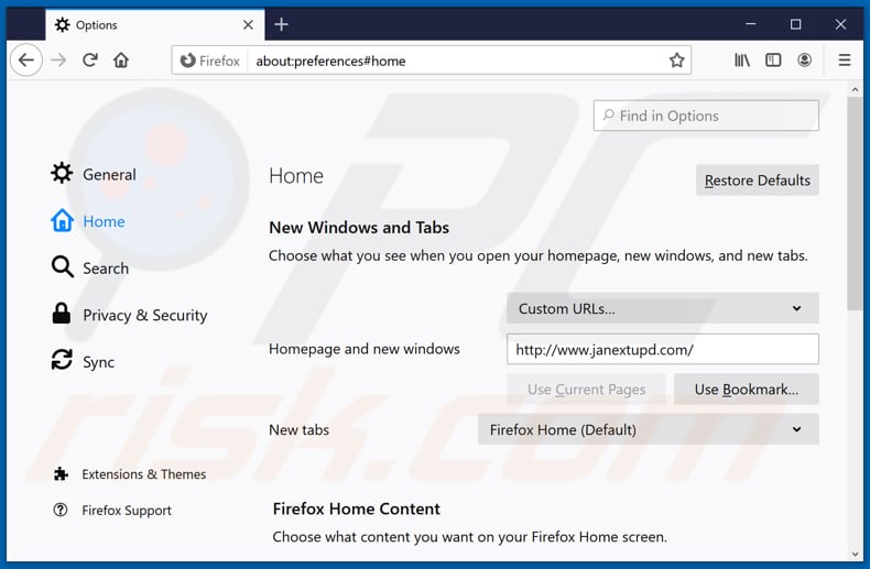 Removendo janextupd.com da página inicial do Mozilla Firefox