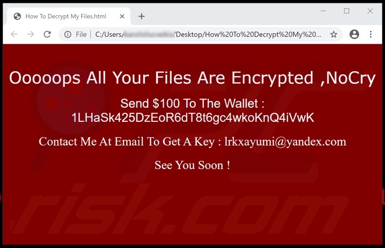 NoCry ransomware html file (How To Decrypt My Files.html)