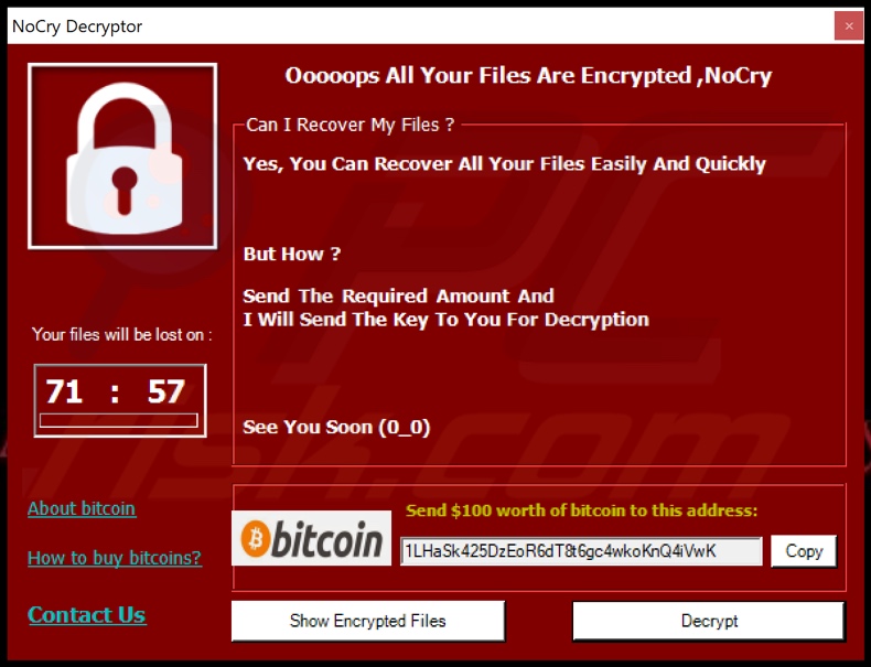 Nota de resgate do ransomware NoCry (pop-up)