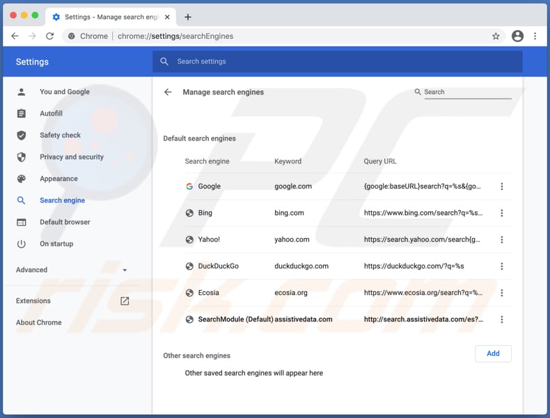 sequestrador de navegador search.assistivedata.com num computador Mac