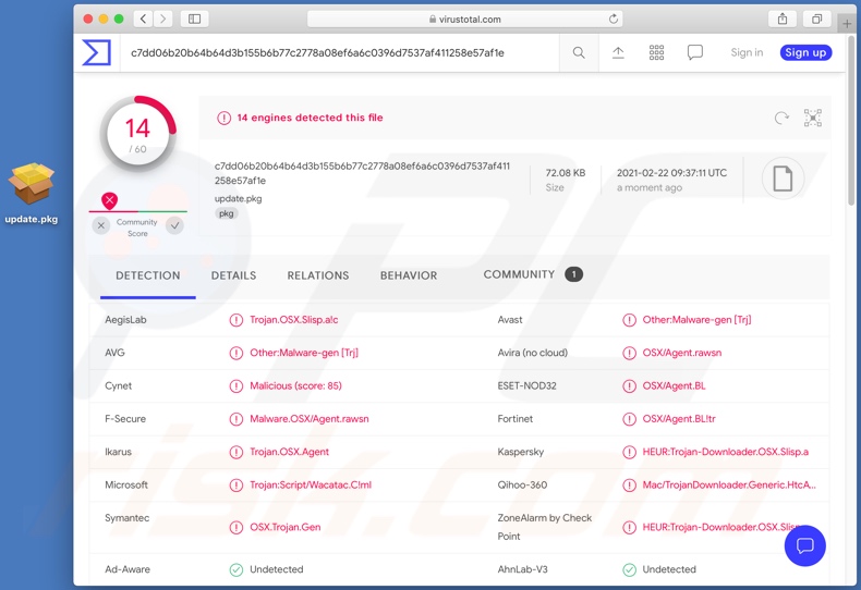 Detecções do instalador da variante alternativa do malware Silver Sparrow no VirusTotal