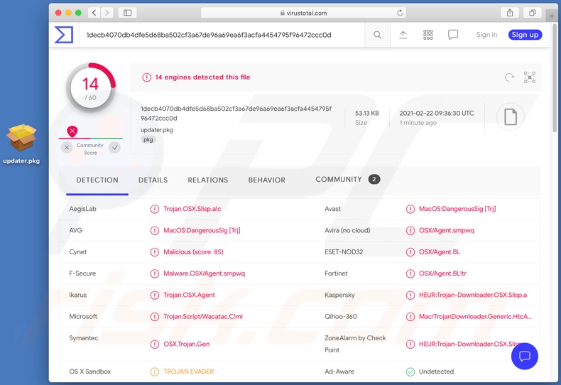 Detecções do VirusTotal de um instalador que contém uma variante do malware Silver Sparrow