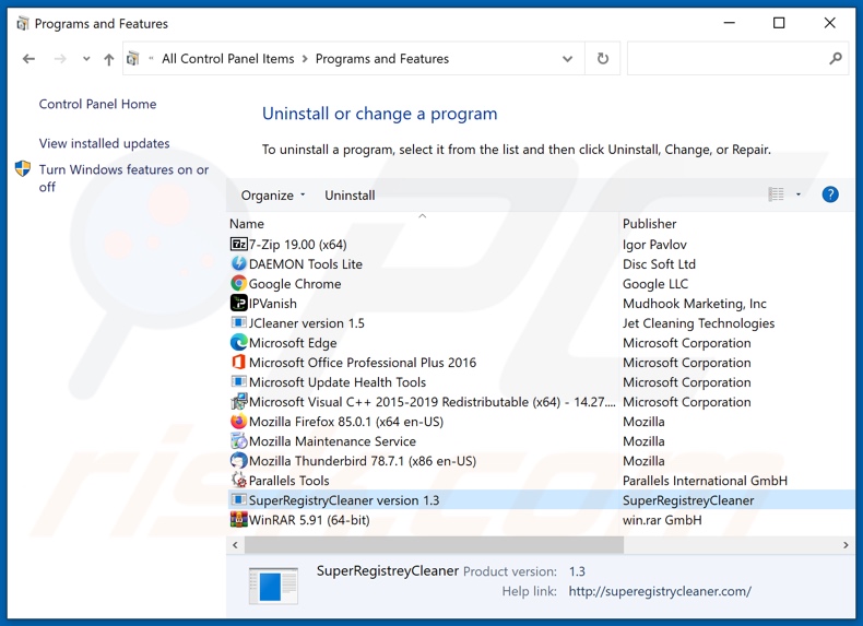 Desinstalação de adware SuperRegistryCleaner via painel de controlo