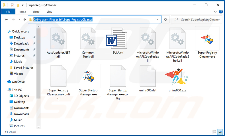 Ficheiros da aplicação indesejada SuperRegistryCleaner