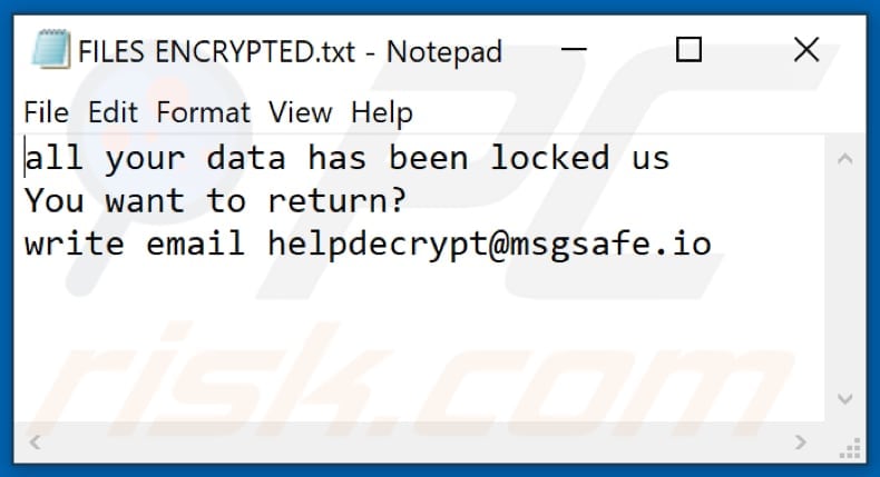 Ficheiro de texto do ransomware text (FILES ENCRYPTED.txt)