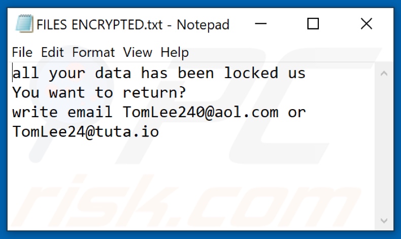 Ficheiro de texto do ransomware TomLe (FILES ENCRYPTED.txt)