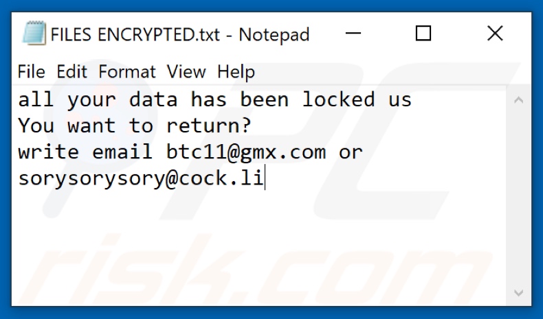 Ficheiro de texto do ransomware Wcg (FILES ENCRYPTED.txt)