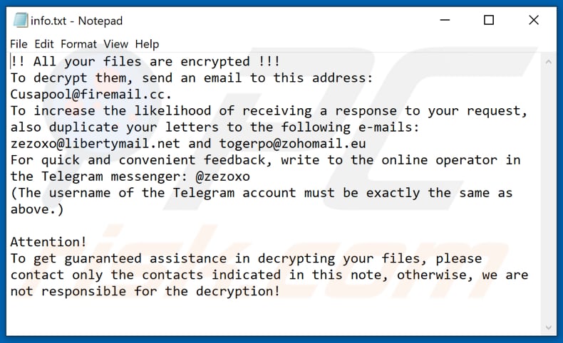 Ficheiro de texto do ransomware Acuna (info.txt)
