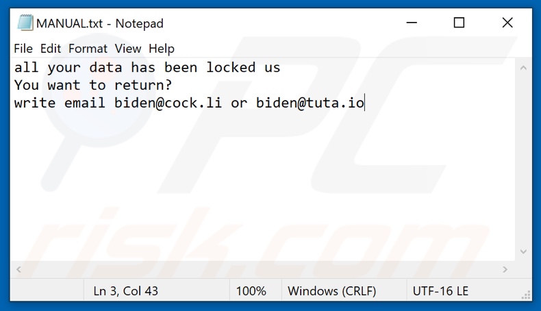 Ficheiro de texto do ransomware Biden (MANUAL.txt)