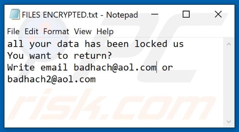 Ficheiro de texto do ransomware Bqd2 (FILES ENCRYPTED.txt)