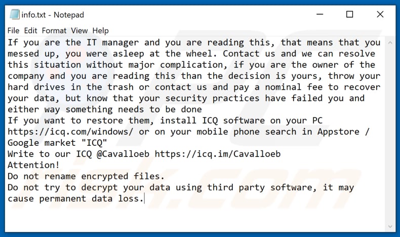 Ficheiro de texto do ransomware CAVALLOZIPULYA (info.txt)