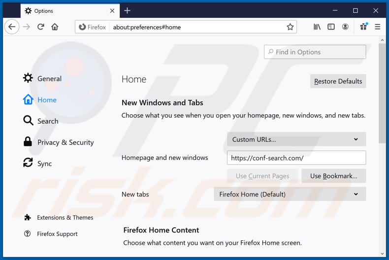 Removendo conf-search.com da página inicial do Mozilla Firefox