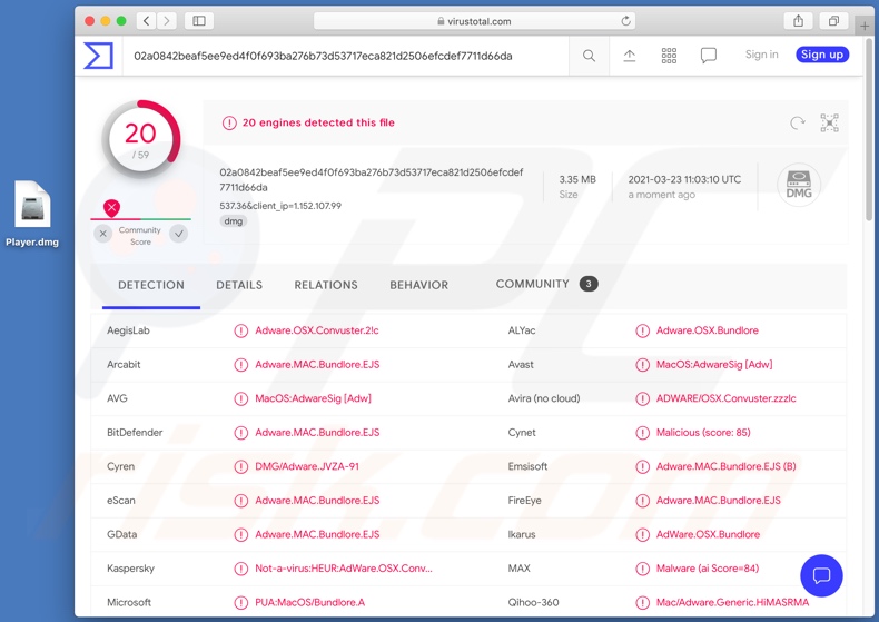 Detecções de adware Convuster no VirusTotal